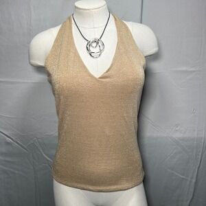 Y2K Halter Top Gold metallic Knit V Neck Made in USA Womens medium  trashy Bratz